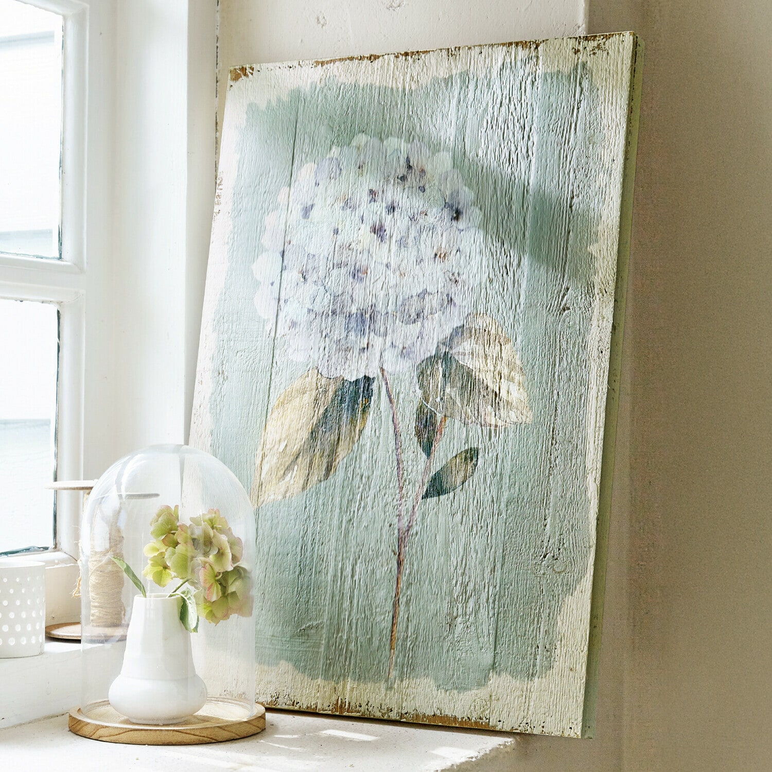 Panneau décoratif Isle Tableau en bois avec motif de fleur blanche sur fond vert pour décoration intérieure
