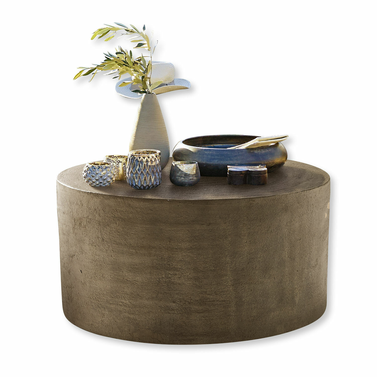 Table basse Lexy Table basse ronde en béton gris avec décorations en céramique et vase avec feuillage vert