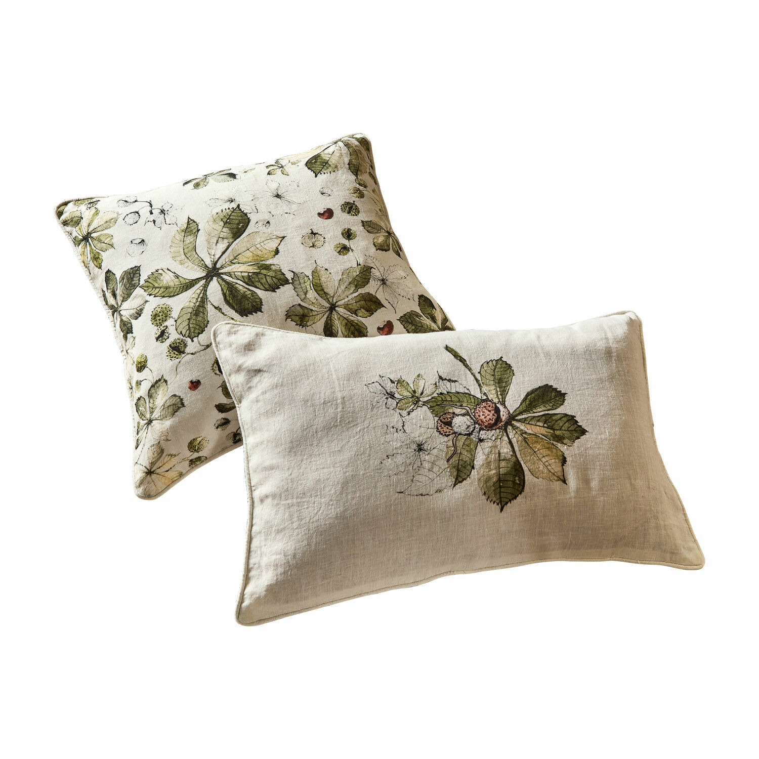 Lot de 2 housses de coussins Elsie Ensemble de deux coussins décoratifs en lin crème avec motifs de feuilles vertes et design botanique