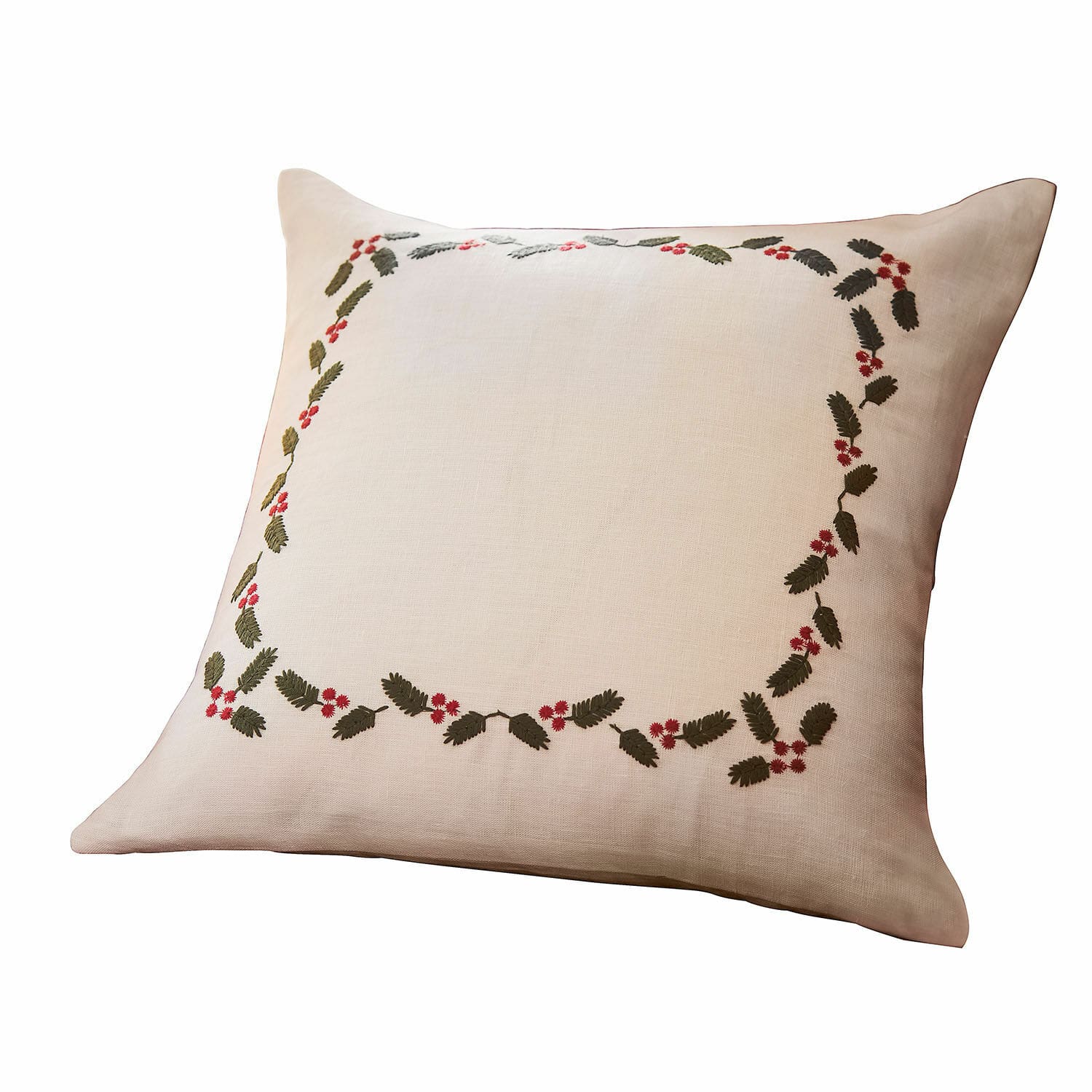 Housse de coussin Lenius Housse de coussin beige en lin avec broderie de feuilles vertes et fleurs rouges, décoration intérieure élégante