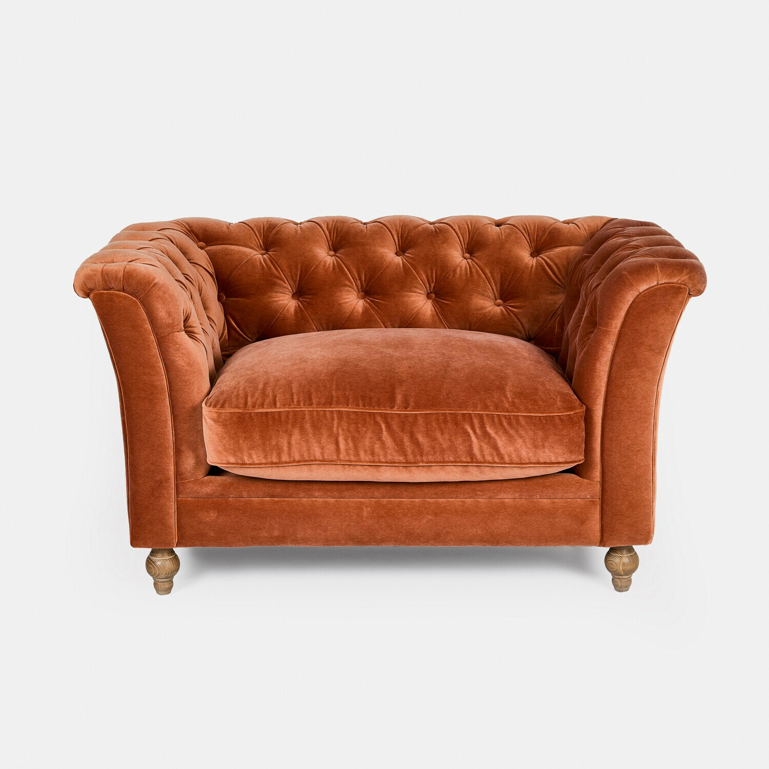 orange Canapé orange en velours avec dossier capitonné et pieds en bois, meuble confortable pour salon