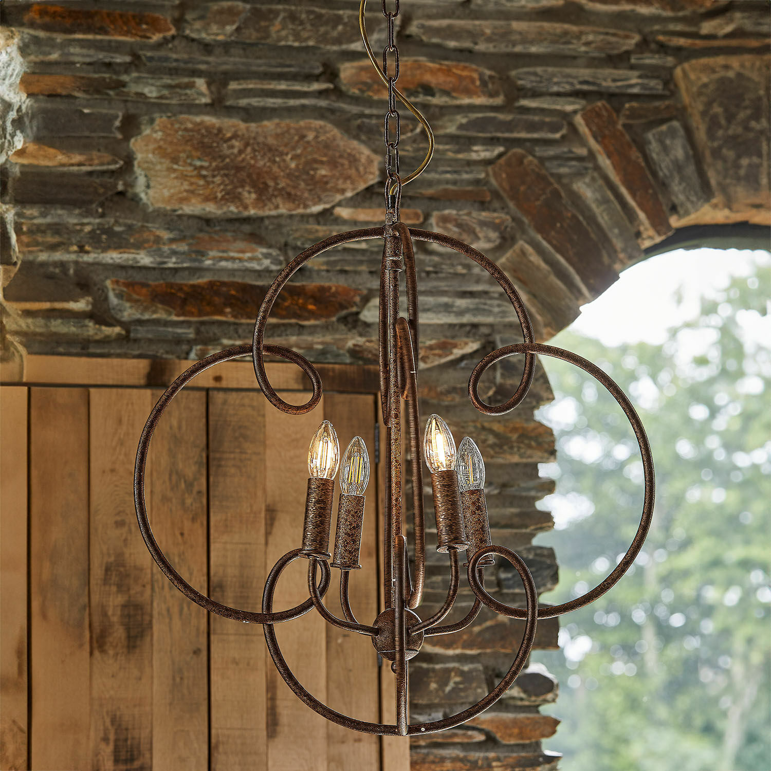 Lustre Rahima Lustre rustique en métal brun avec quatre ampoules LED, idéal pour intérieur et extérieur