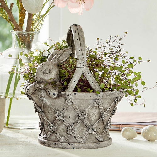 Panier décoratif gris en céramique avec motif lapin et fleurs, décoration printanière intérieure
