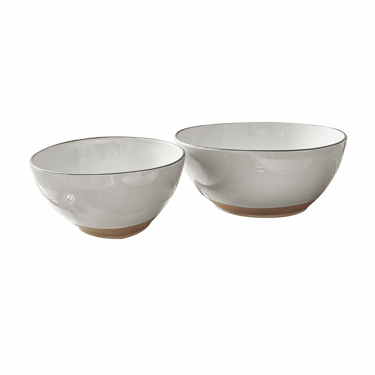 blanc Ensemble de deux saladiers blancs en céramique avec base marron, vaisselle moderne pour cuisine