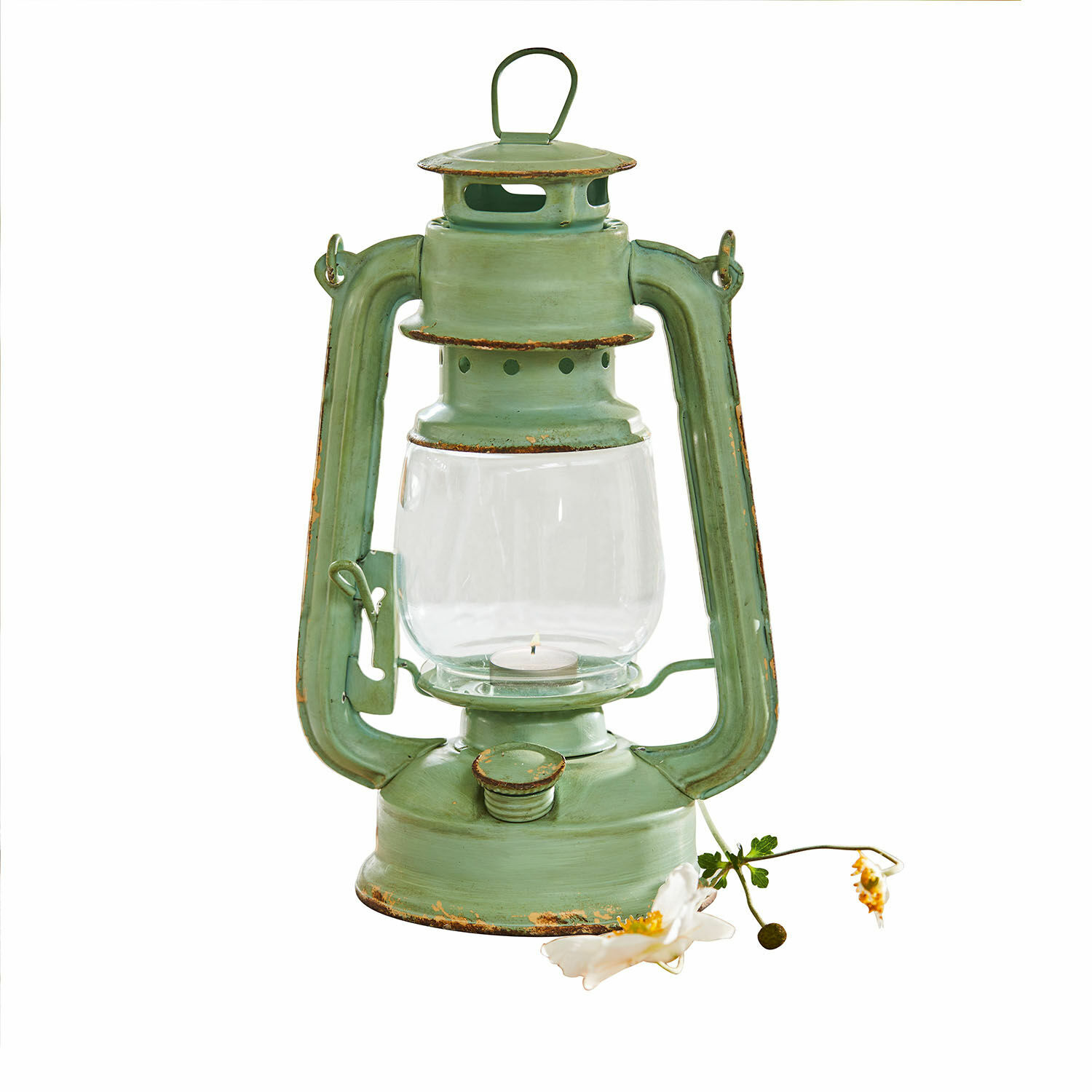 Lanterne Clemence Lanterne en métal vert vieilli avec globe en verre pour bougie chauffe-plat décorative