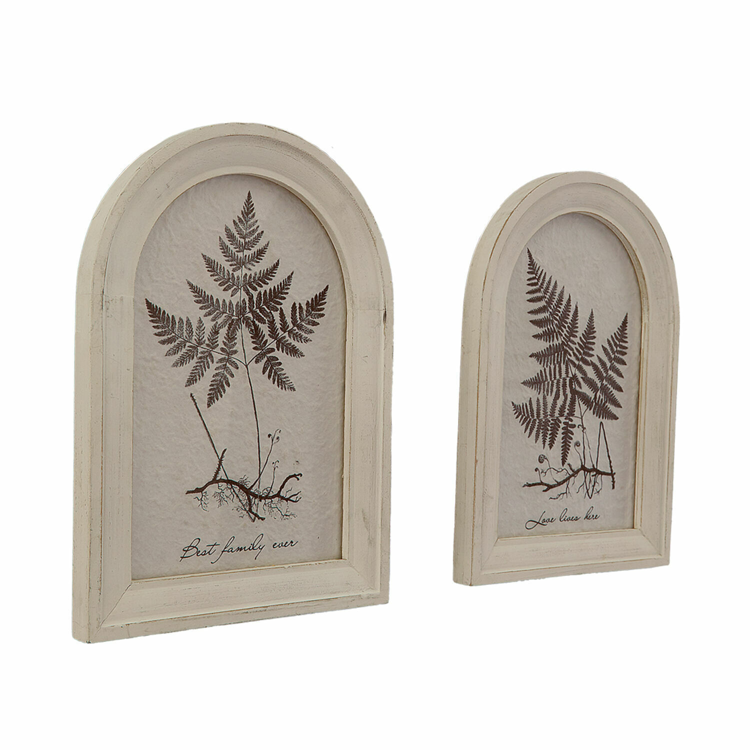 Deux cadres décoratifs en bois couleur écru avec illustration de fougère et inscriptions, décoration murale vintage