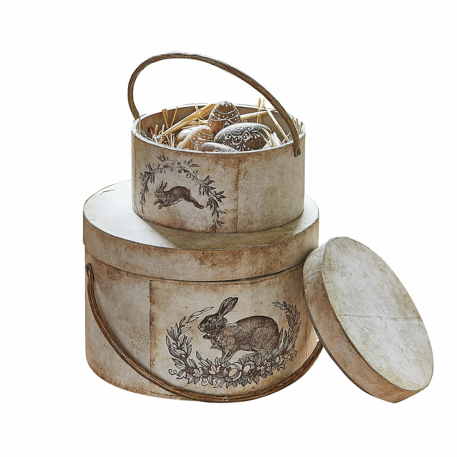 Lot de 2 boîtes Roxelle Boîtes rondes en papier beige avec motif de lapin et œufs décoratifs à l'intérieur