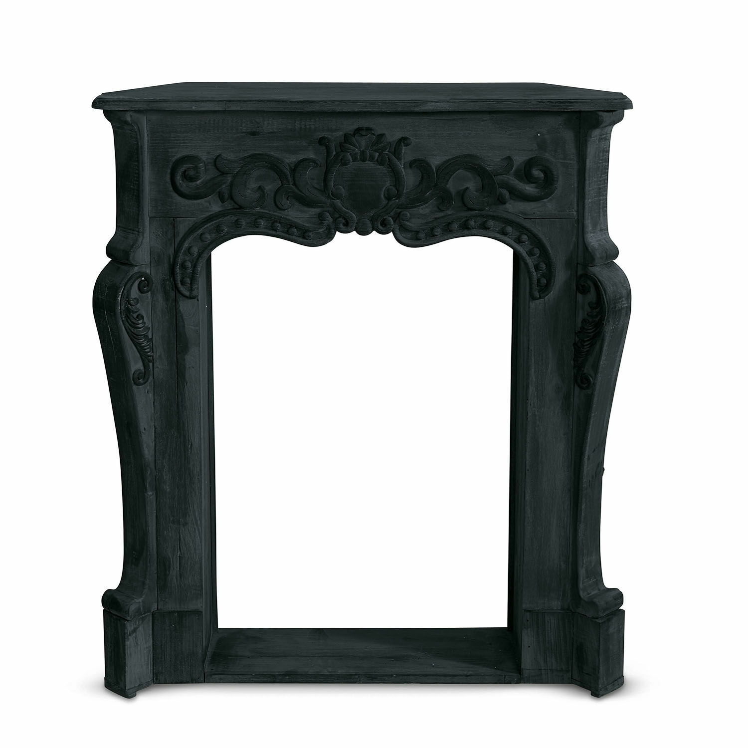noir vieilli Console de cheminée noire antique en bois sculpté avec décorations ornementales élégantes