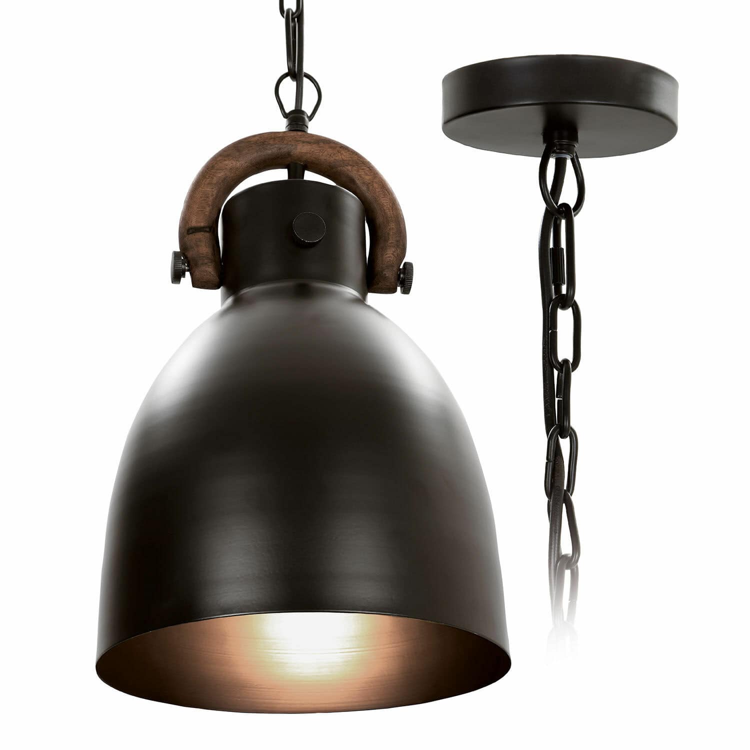 Suspension Walcote Suspension en métal noir avec poignée en bois et chaîne, luminaire industriel pour intérieur moderne