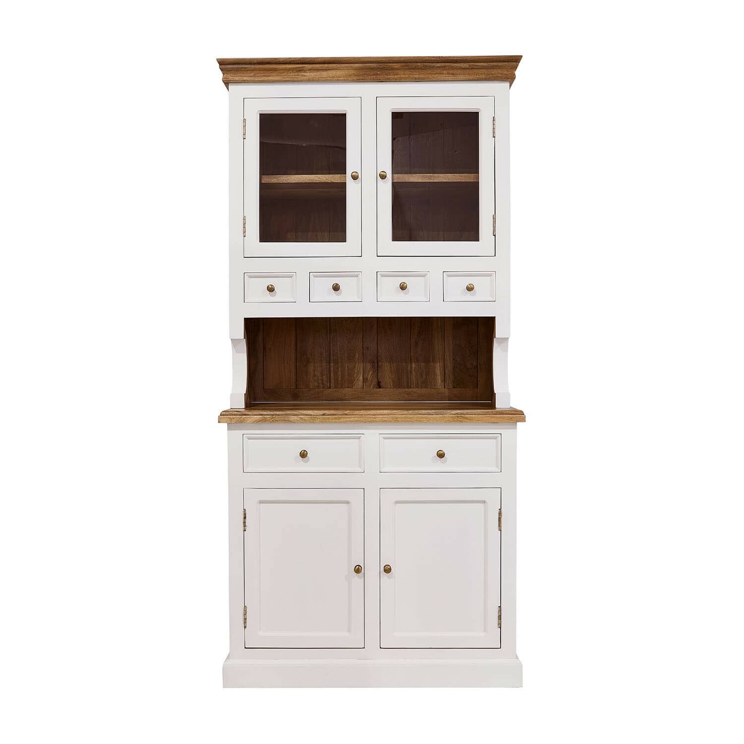 Buffet en bois blanc avec tiroirs et portes vitrées, plateau et intérieur en bois naturel