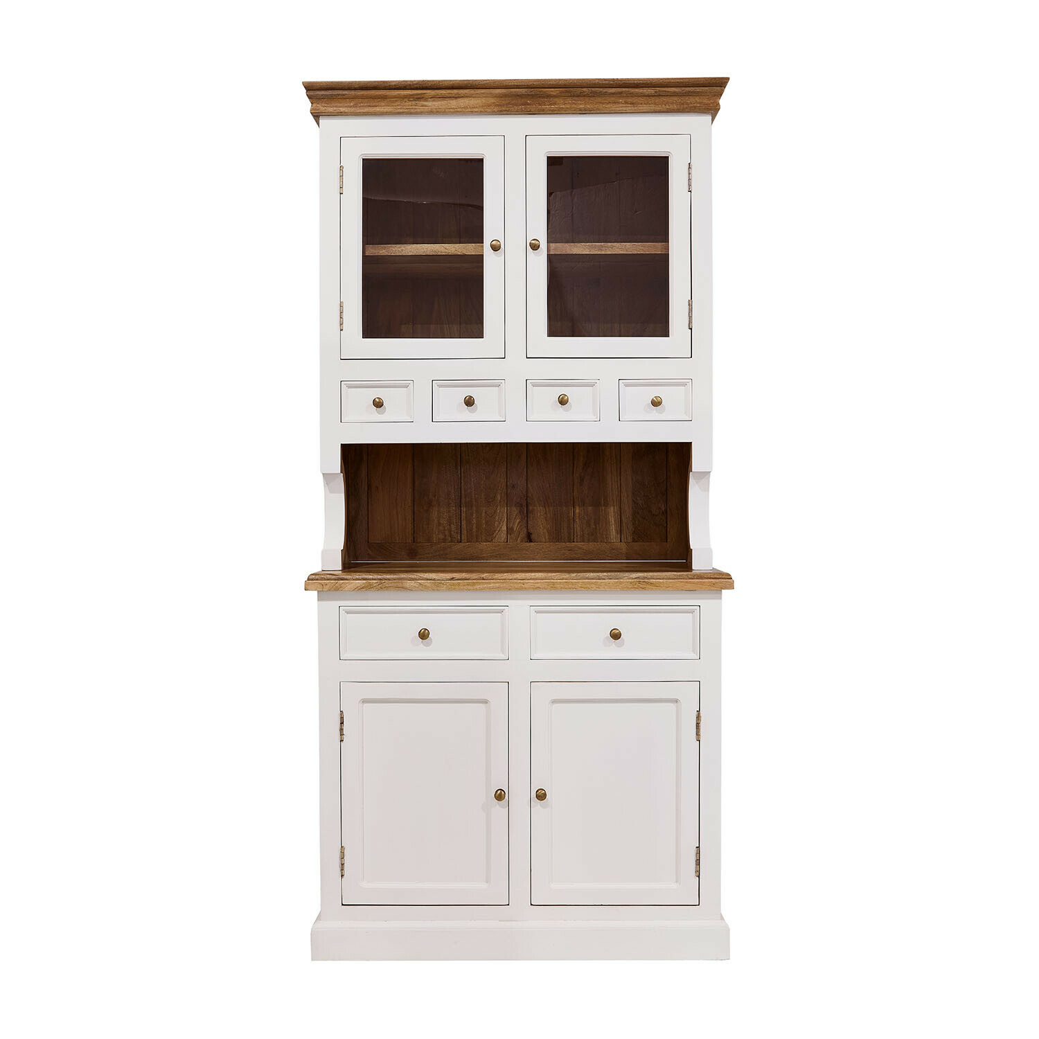 Buffet Kenwick Buffet en bois blanc avec tiroirs et portes vitrées, plateau et intérieur en bois naturel