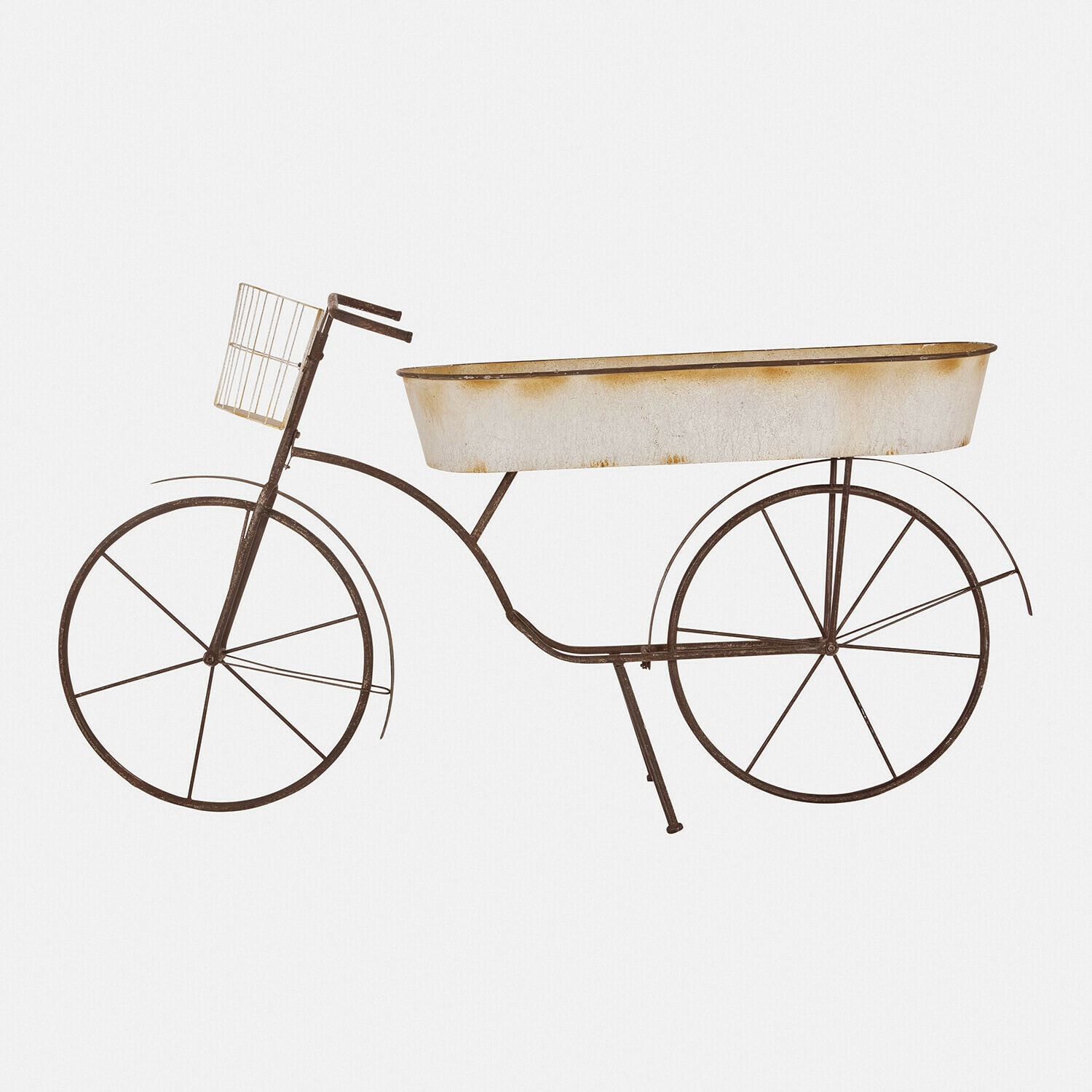 Porte-plantes Donnérie Vélo décoratif en métal avec bac blanc vieilli au centre, style rustique pour décoration