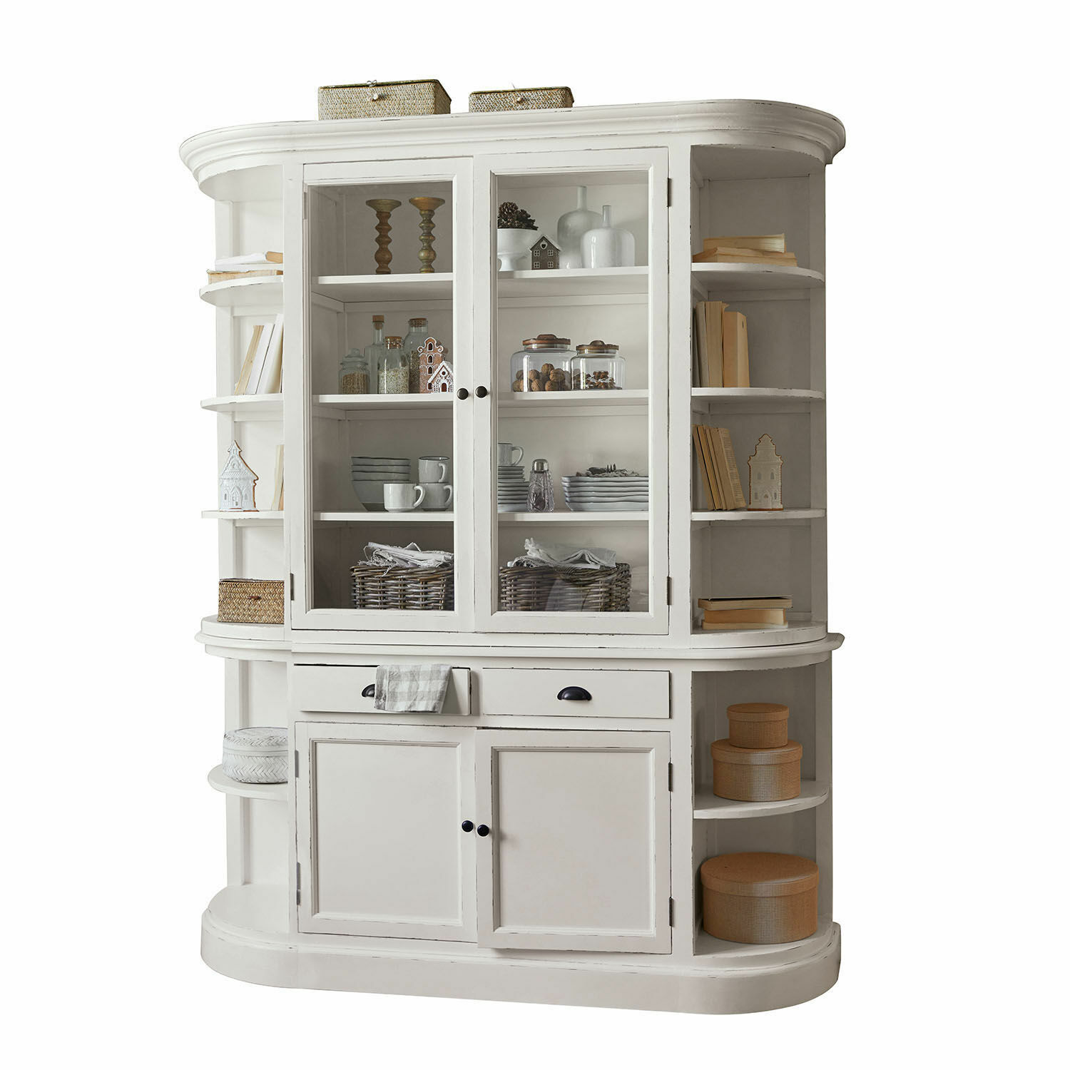 Armoire Louisiana Vitrine en bois blanc avec portes vitrées et étagères pour ranger vaisselle et décorations
