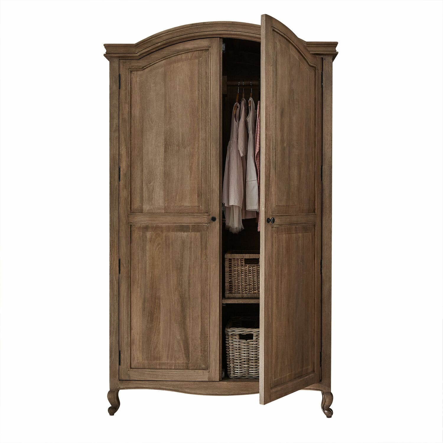 Armoire Éveilou Armoire en bois brun naturel avec portes arrondies, vêtements suspendus et paniers de rangement
