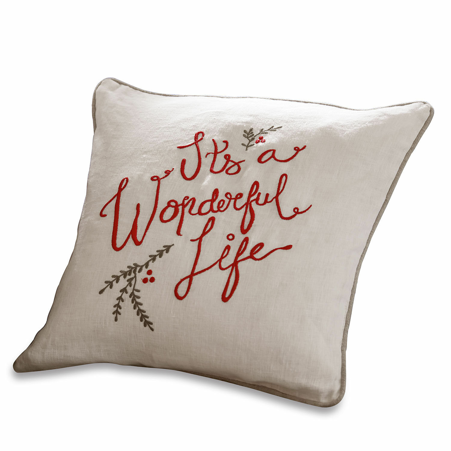 Housse de coussin Wonderful Coussin beige en lin avec broderie rouge "It's a Wonderful Life" et motifs de branches décoratives