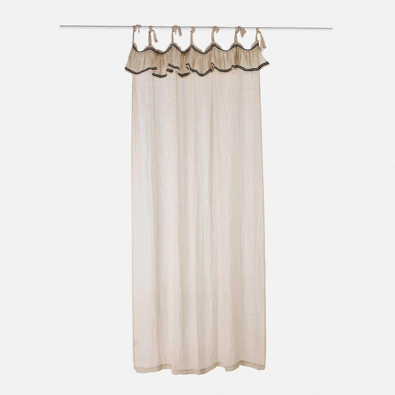 Rideau Romagny Rideau en lin beige avec fronces décoratives et bordure noire, idéal pour la décoration de fenêtres