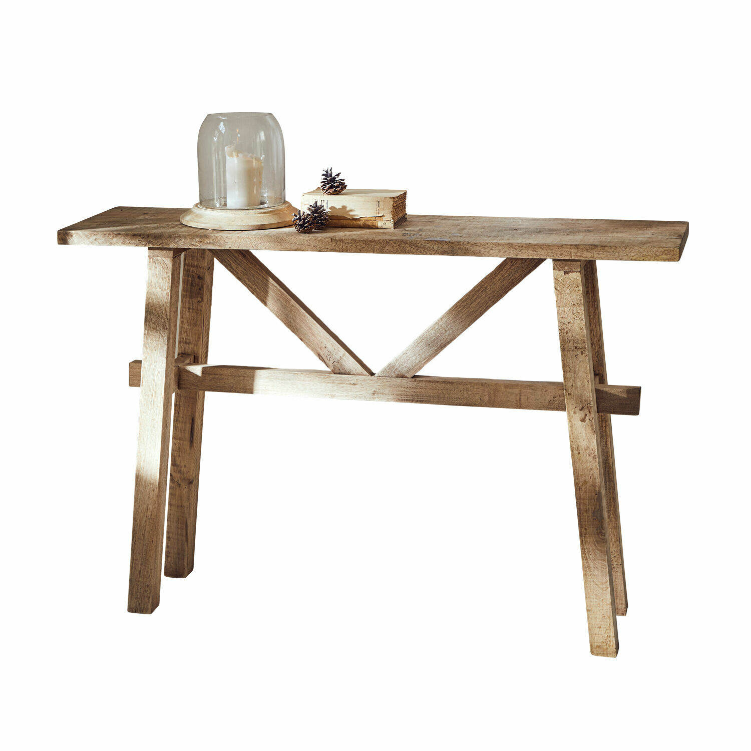 Console Nael Table console en bois naturel avec décoration bougie et pommes de pin, meuble d'intérieur rustique