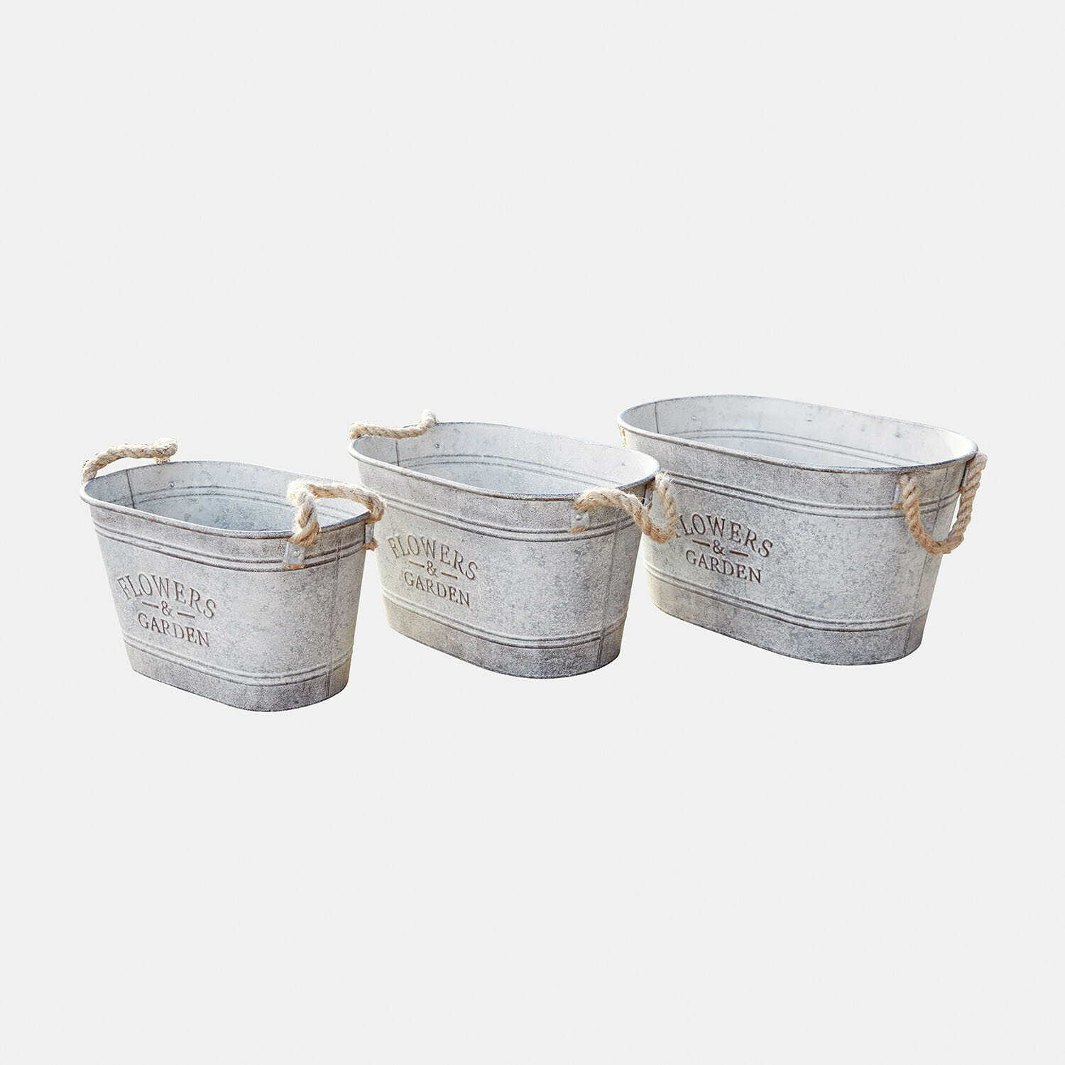 Lot de 3 cache-pots Merrin Ensemble de trois bacs en métal gris avec poignées en corde pour fleurs et jardinage
