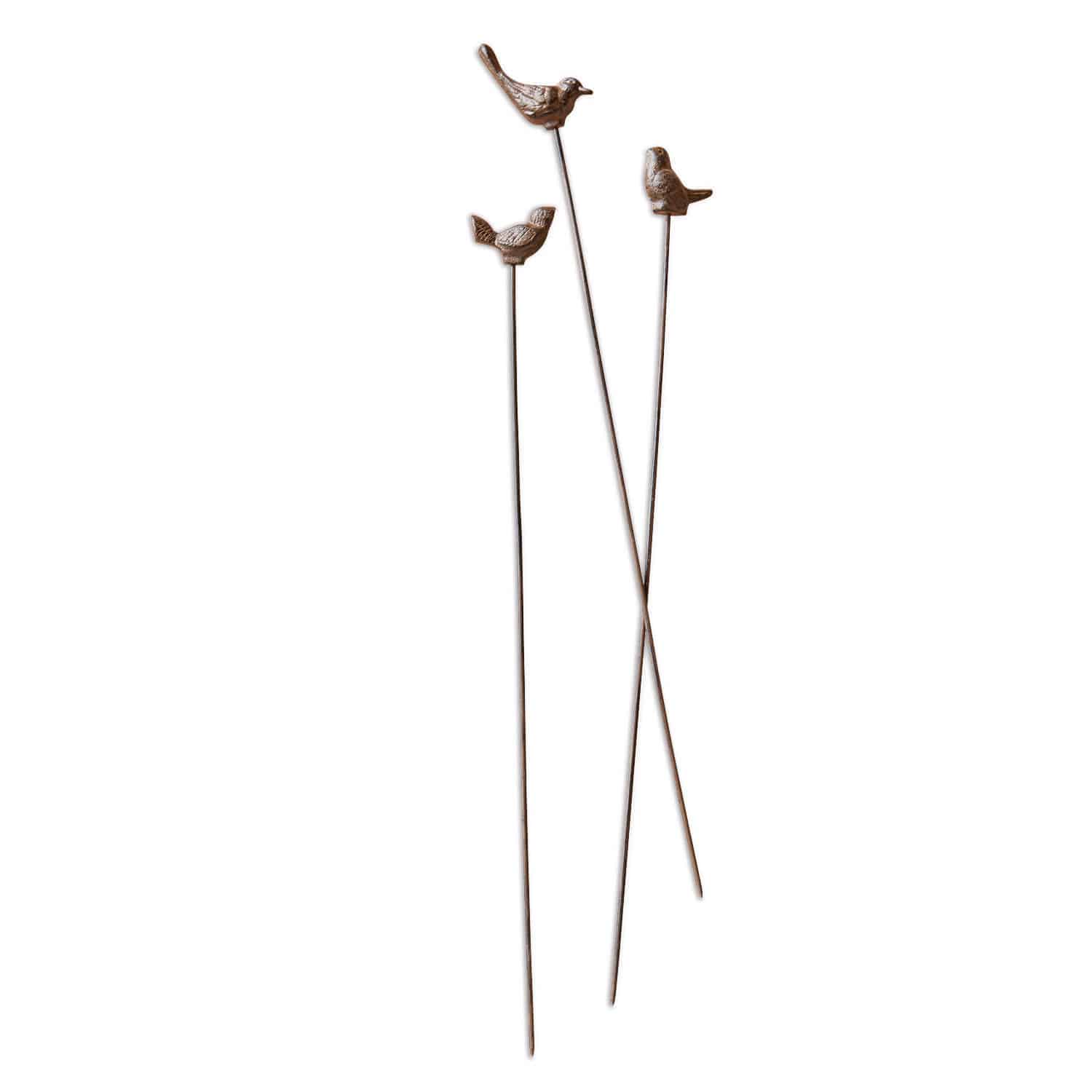 Lot de 3 piques de jardin Laver Bâtons décoratifs en métal avec oiseaux marron pour jardin ou pots de fleurs
