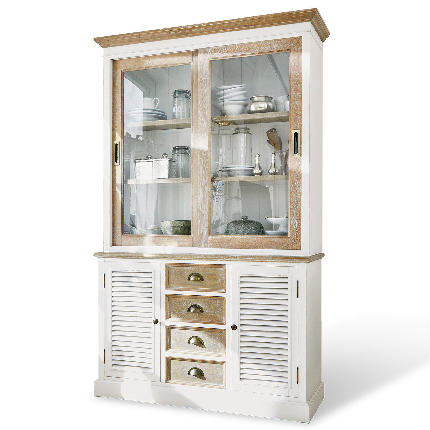 Armoire Moosehide Vitrine en bois blanc avec portes coulissantes en verre et tiroirs style vintage