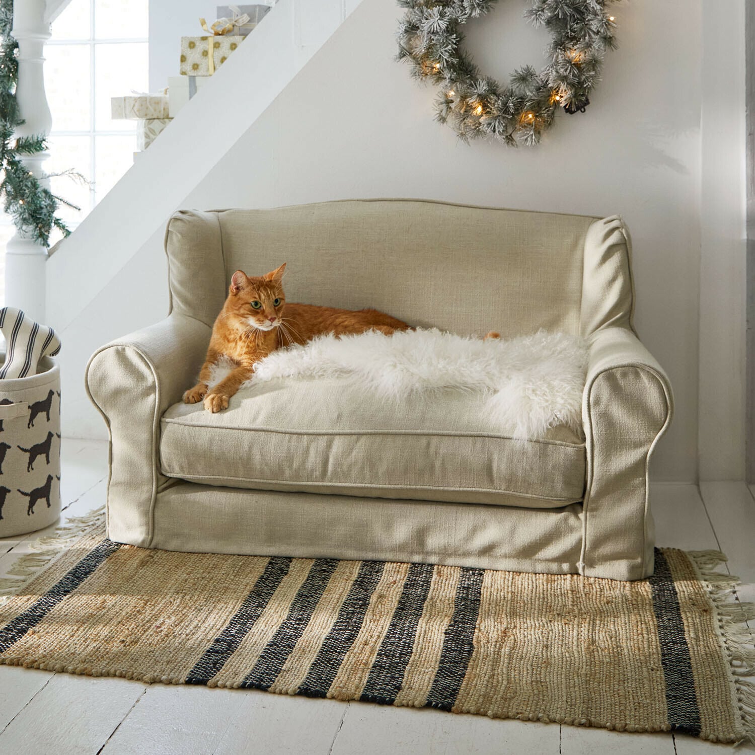 Canapé pour animaux Panora Canapé deux places beige en tissu avec couverture en fausse fourrure blanche et chat roux sur tapis rayé