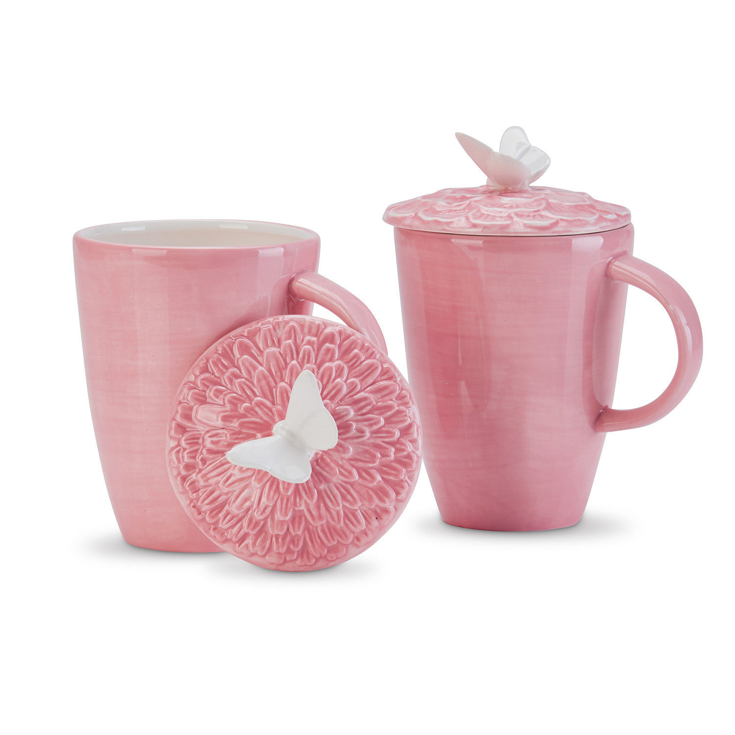 Lot de 2 tasses Daireann Tasse en céramique rose avec couvercle orné d'un papillon blanc, ensemble élégant pour le thé