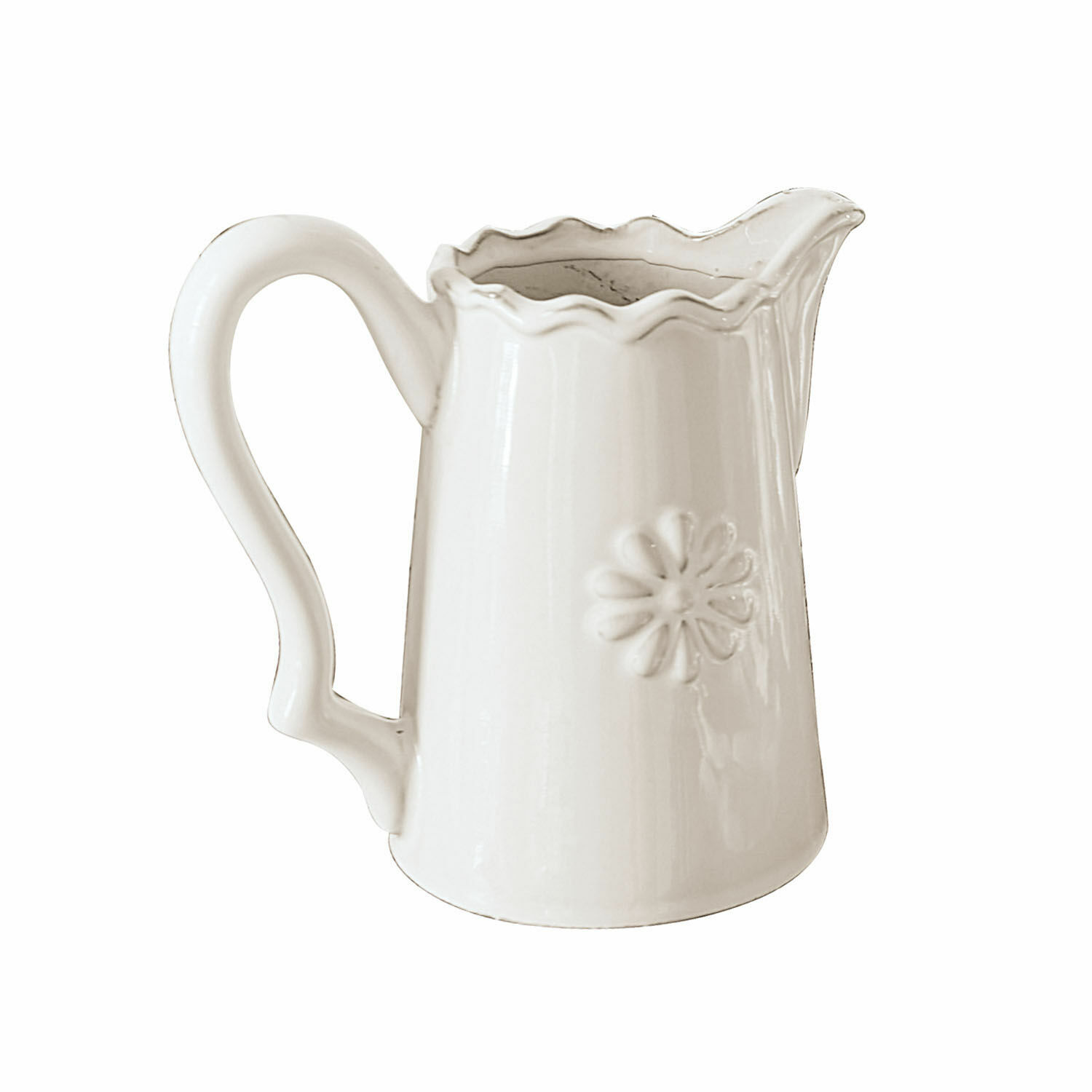 Pichet Mallevesse Pichet en céramique blanche avec motif floral en relief et bord ondulé pour servir des boissons