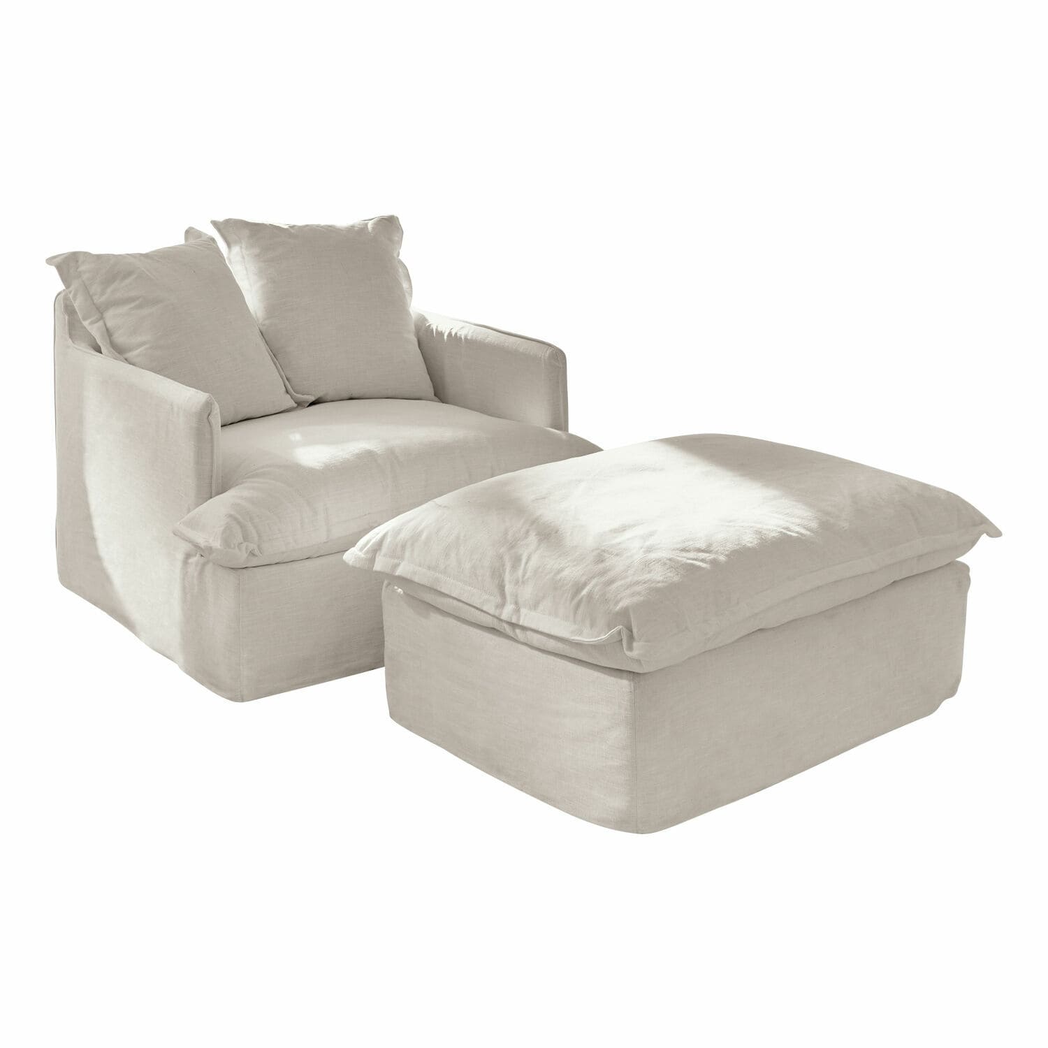 Fauteuil avec repose-pieds Avignon Fauteuil confortable avec repose-pieds en lin beige clair, parfait pour la détente au salon