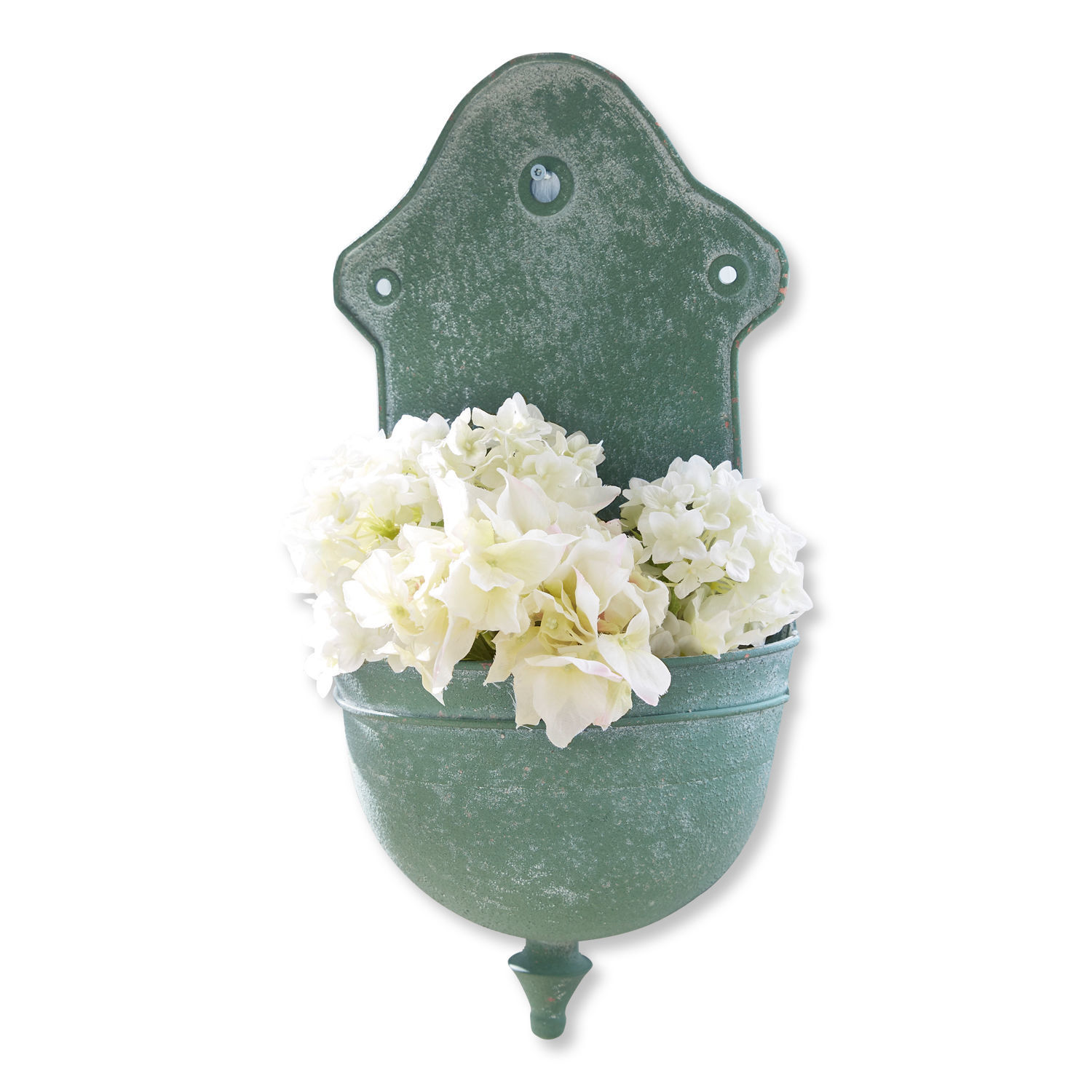 Pot de fleurs fontaine Sedan Jardinière murale en métal vert avec fleurs blanches, décoration intérieure et extérieure