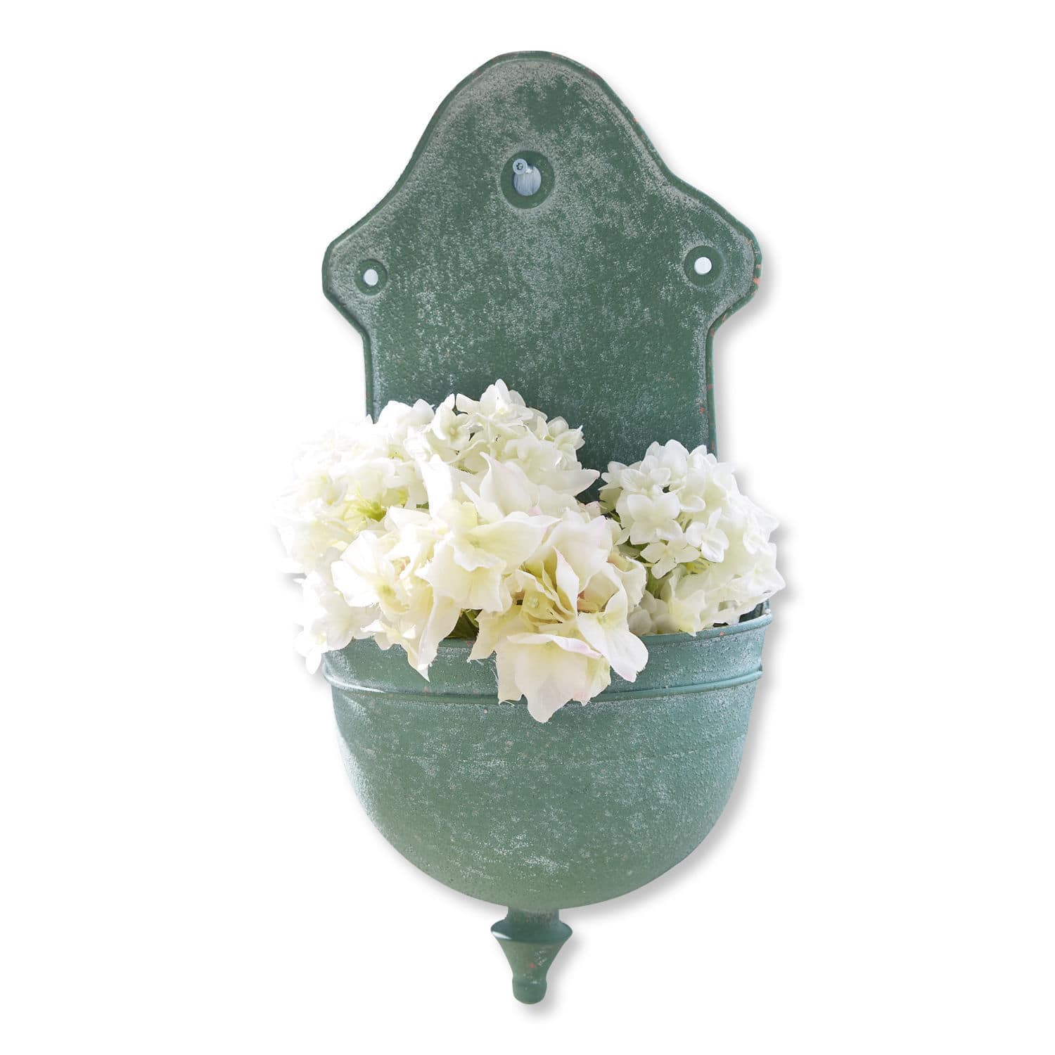 Pot de fleurs fontaine Sedan Jardinière murale en métal vert avec fleurs blanches, décoration intérieure et extérieure