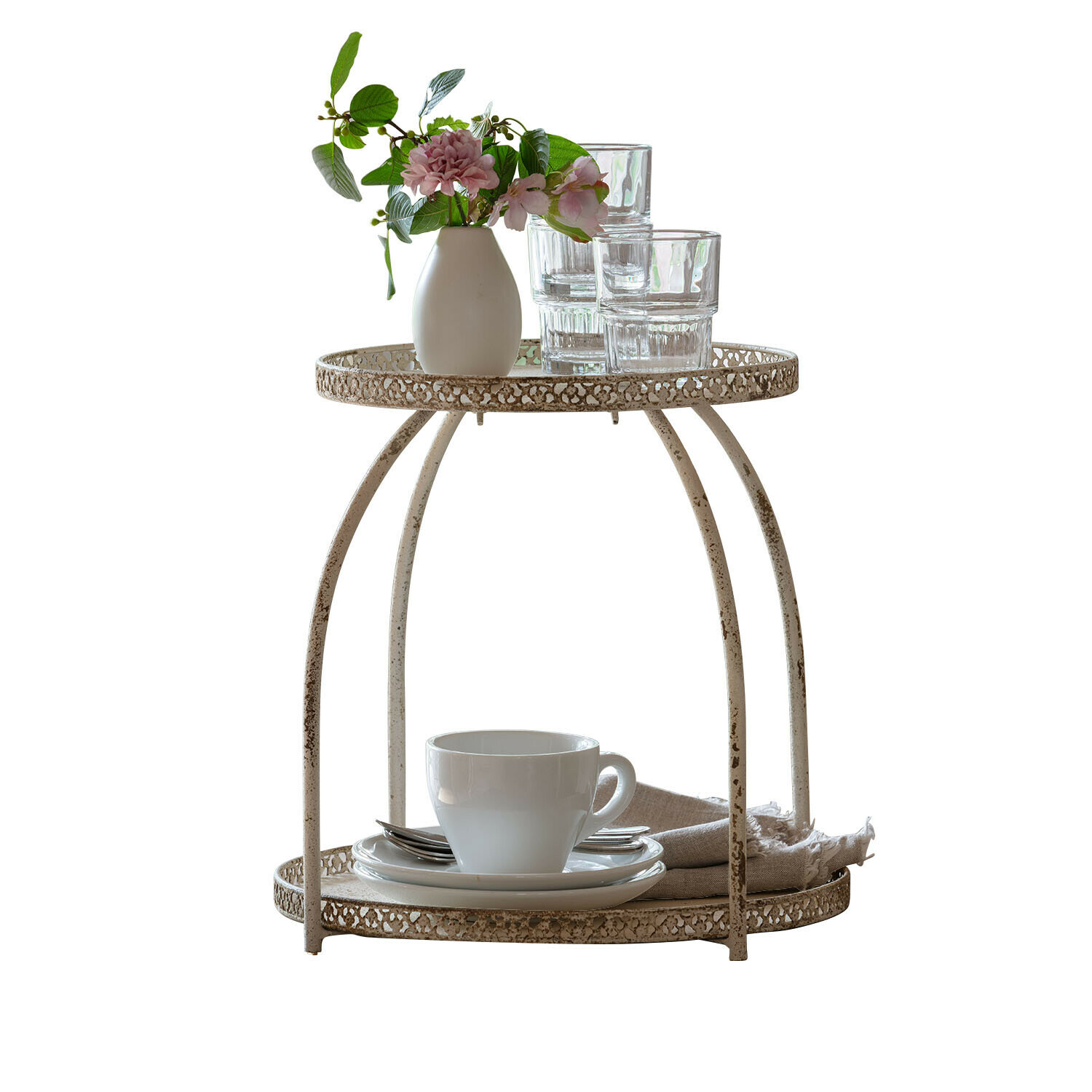 Présentoir à étages Nolienne Présentoir à deux niveaux en métal crème style vintage avec tasse et verres transparents