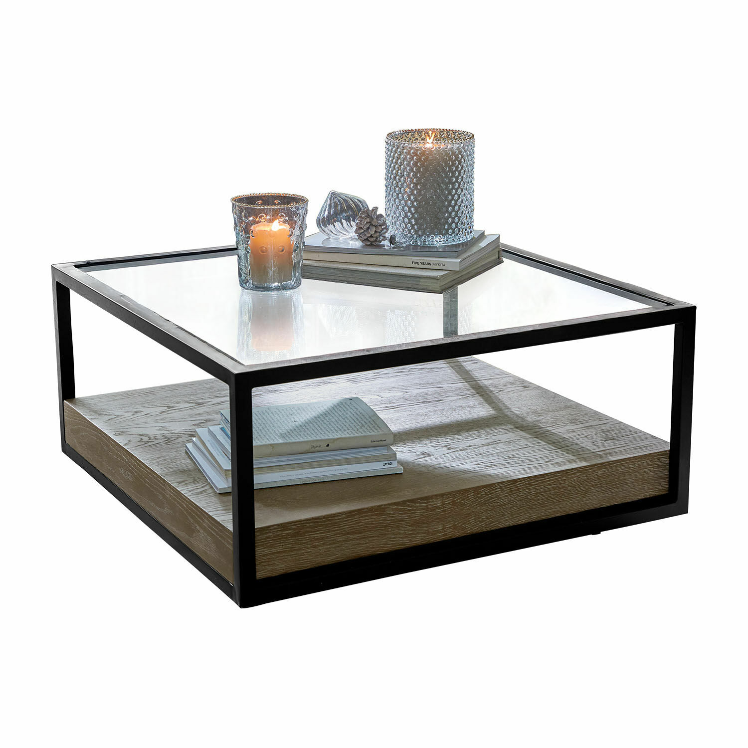 Table basse Westvale Table basse carrée avec cadre métallique noir, étagère en bois et plateau en verre, design moderne