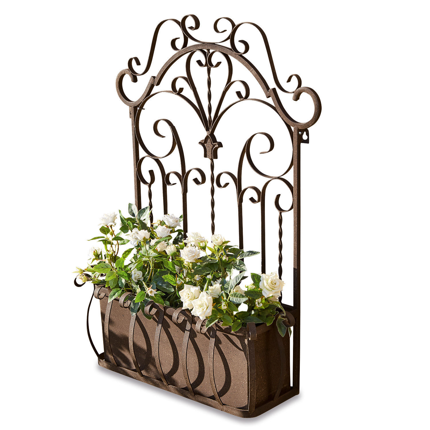 Jardinière Secourt Jardinière en métal brun avec panneau ajouré décoratif et fleurs blanches pour jardin