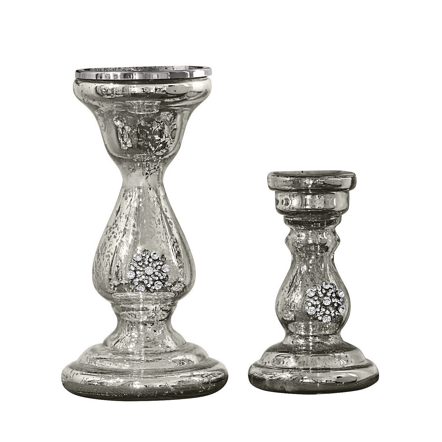 Lot de 2 bougeoirs Lysiane Ensemble de deux bougeoirs en verre argenté avec cristaux décoratifs pour décoration intérieure