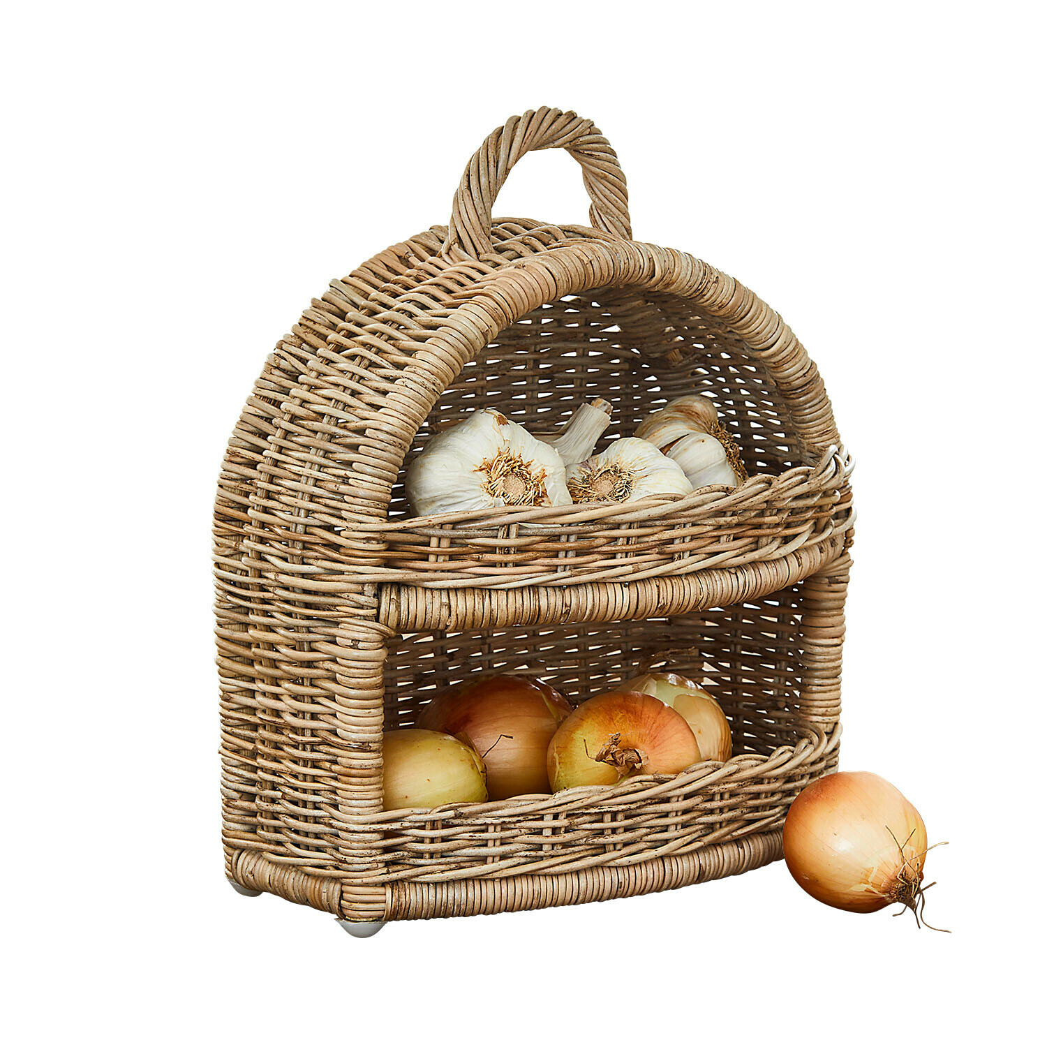 Panier à oignons Coudrisse Panier en rotin naturel à deux niveaux avec oignons et ail pour le rangement des légumes