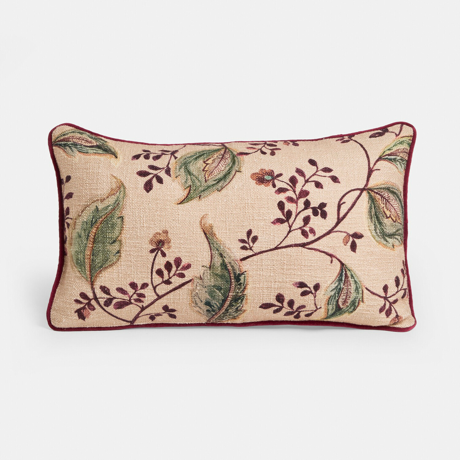 Housse de coussin Clemencies Coussin décoratif rectangulaire beige avec motifs de feuilles vertes et bordeaux sur tissu texturé