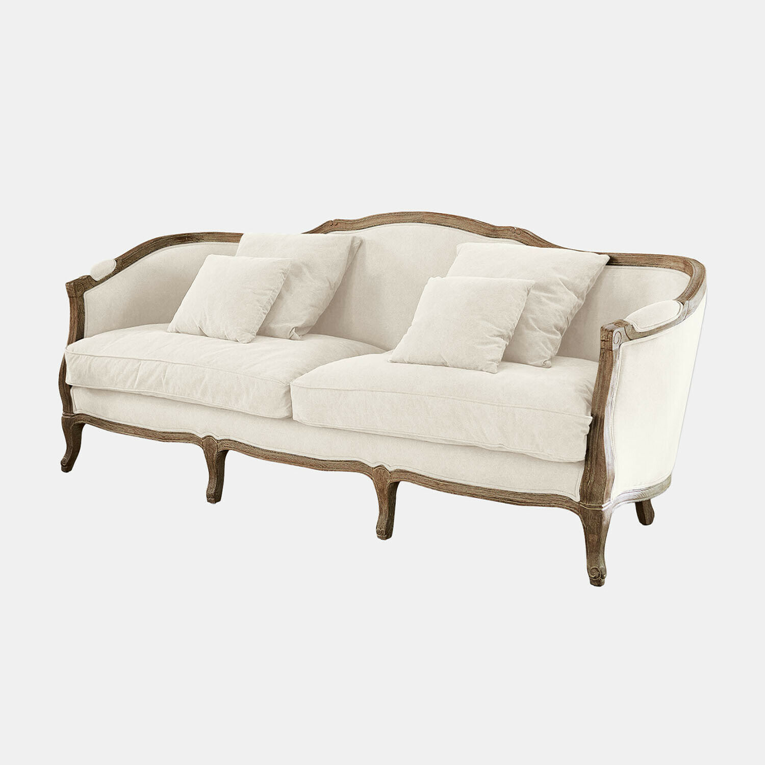 Canapé élégant en tissu beige clair avec cadre en bois sculpté style vintage pour salon