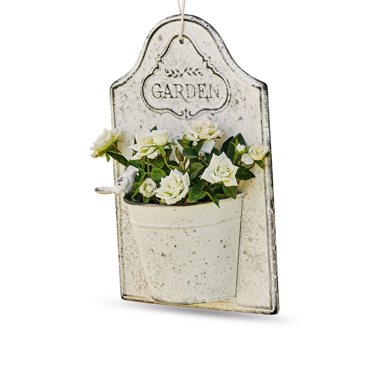 Pot de fleurs mural Helsa Décoration murale en métal vintage avec roses blanches et inscription Garden pour jardin