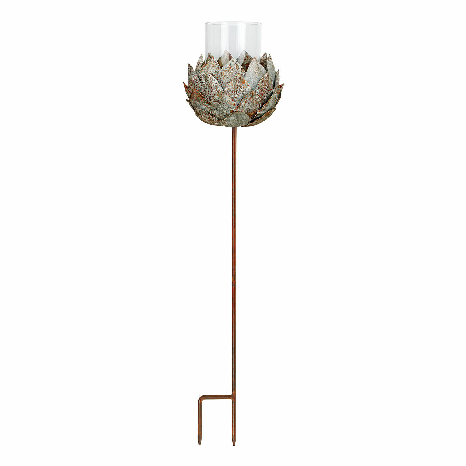 Bougeoir de jardin en métal en forme de fleur avec verre transparent et finition rouillée