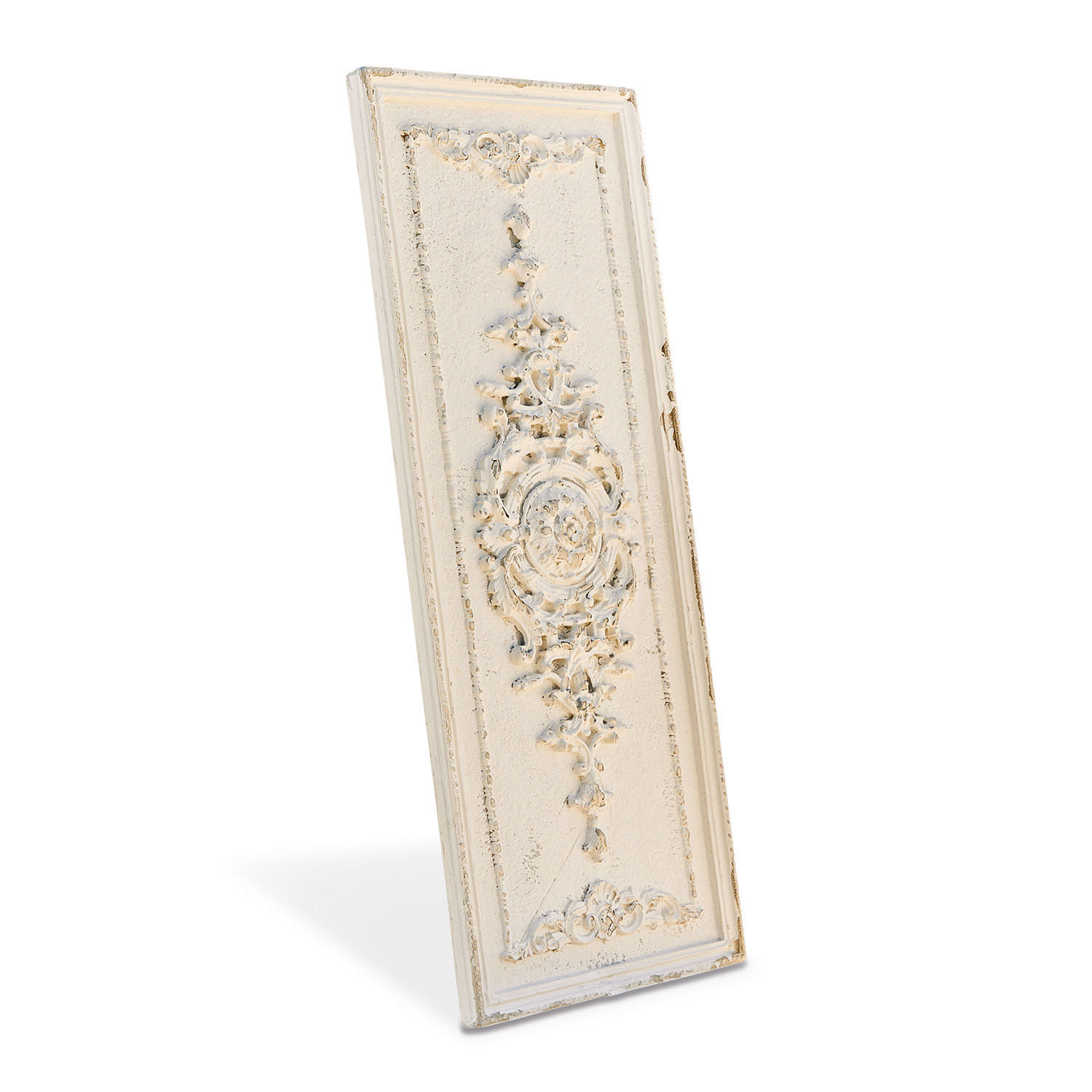 Panneau décoratif Corsy Panneau décoratif en bois blanc vieilli avec motif ornemental vintage pour décoration murale