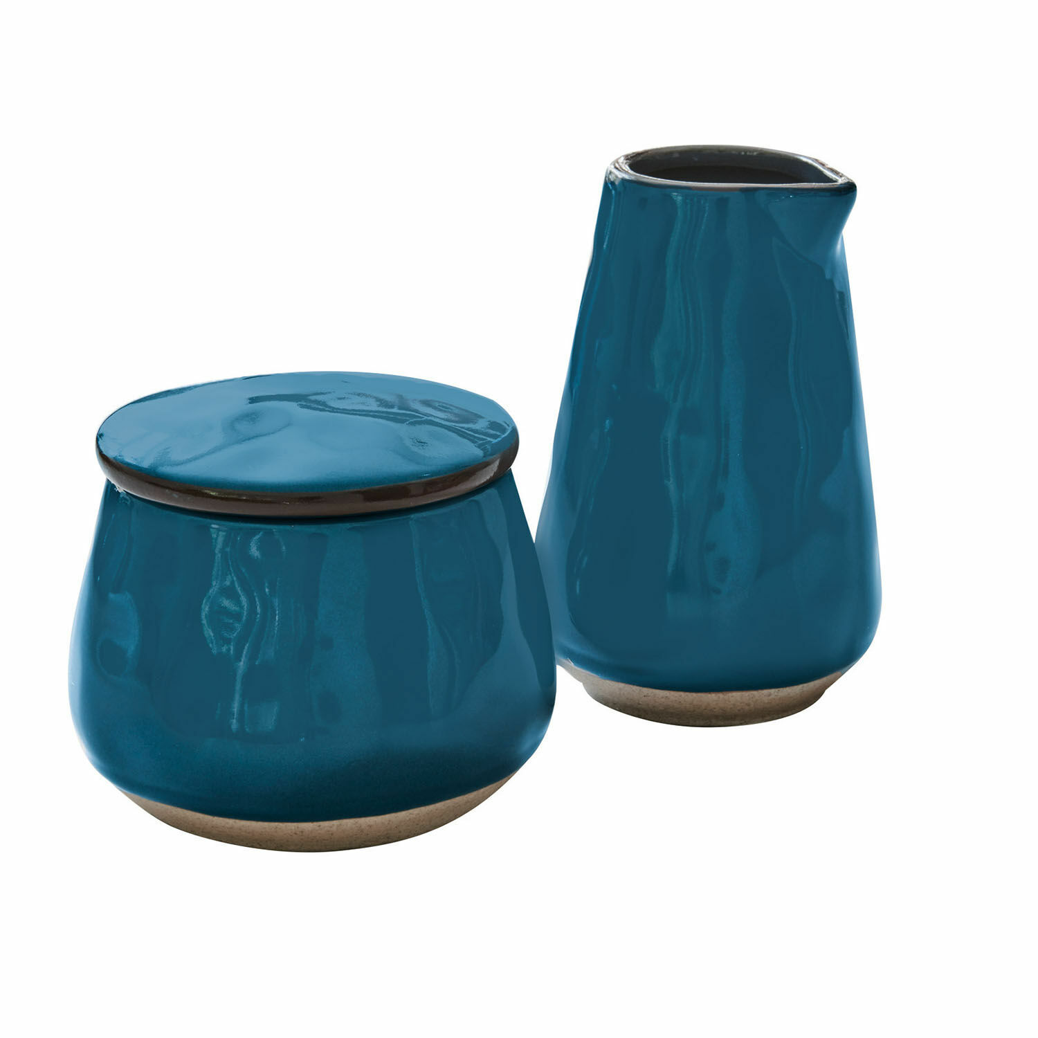 bleu Ensemble bol à sucre et pichet à lait en céramique bleue avec base naturelle