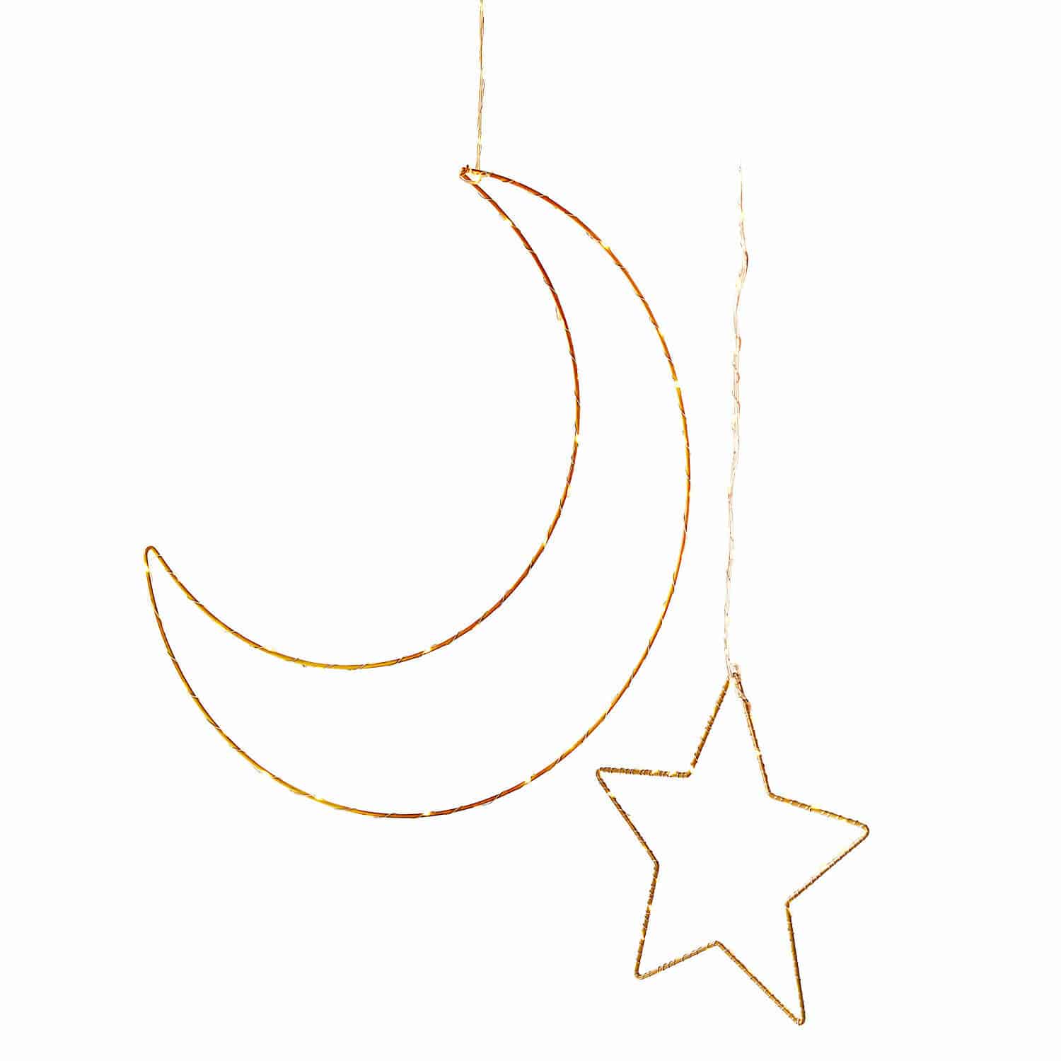 Lot de 2 décorations lumineuses Padden Guirlande lumineuse suspendue en forme de lune et d'étoile avec lumière LED chaude