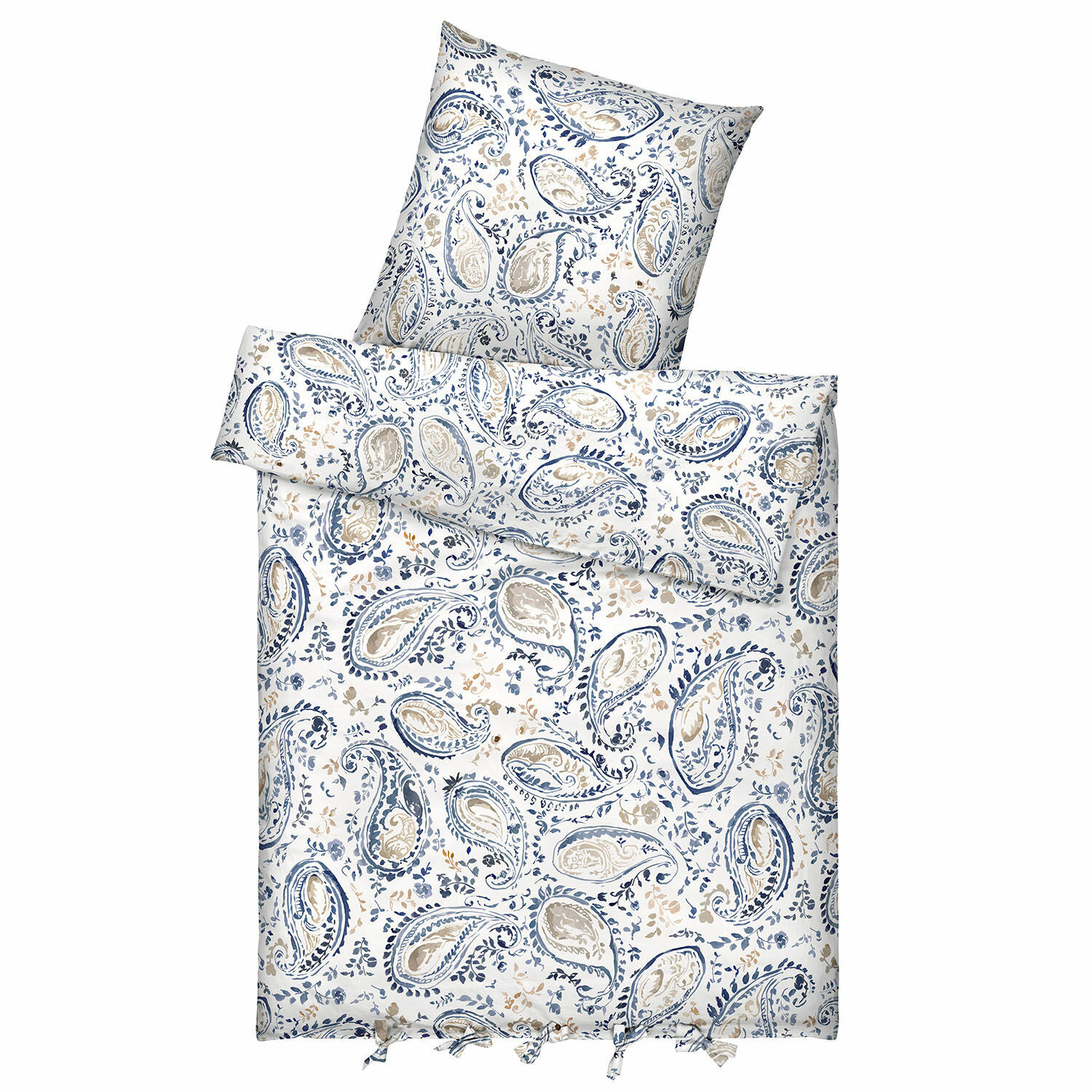 Parure de lit Le Perron Parure de lit en coton avec motif paisley bleu et beige sur fond blanc, douce et décorative