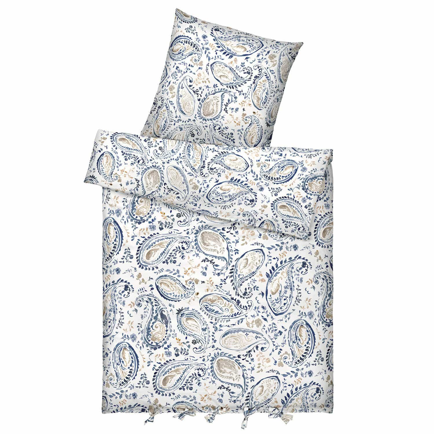 Parure de lit Le Perron Parure de lit en coton avec motif paisley bleu et beige sur fond blanc, douce et décorative