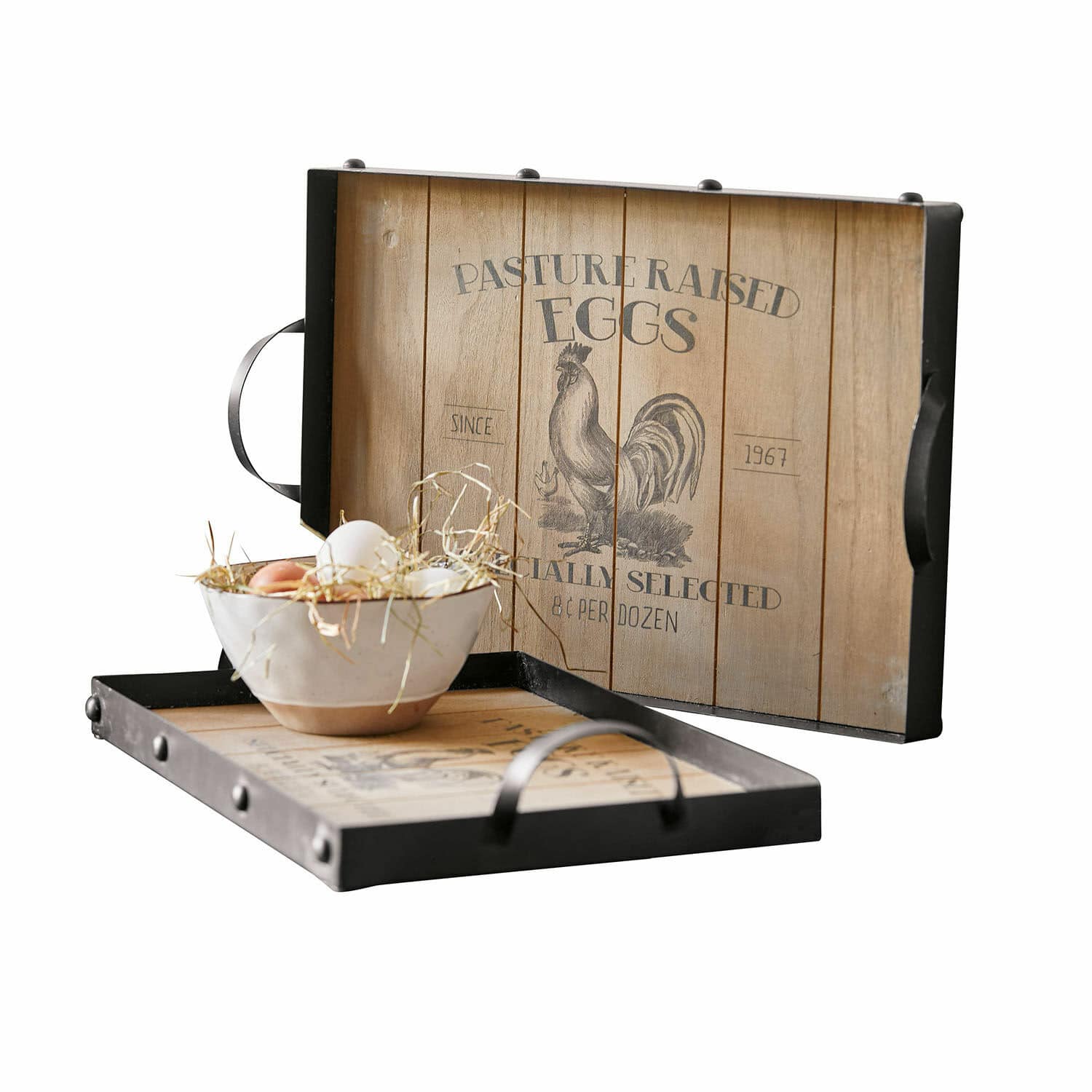Lot de 2 plateaux Nobles Plateau en bois avec cadre métallique et poignées, décor coq, bol avec œufs sur paille