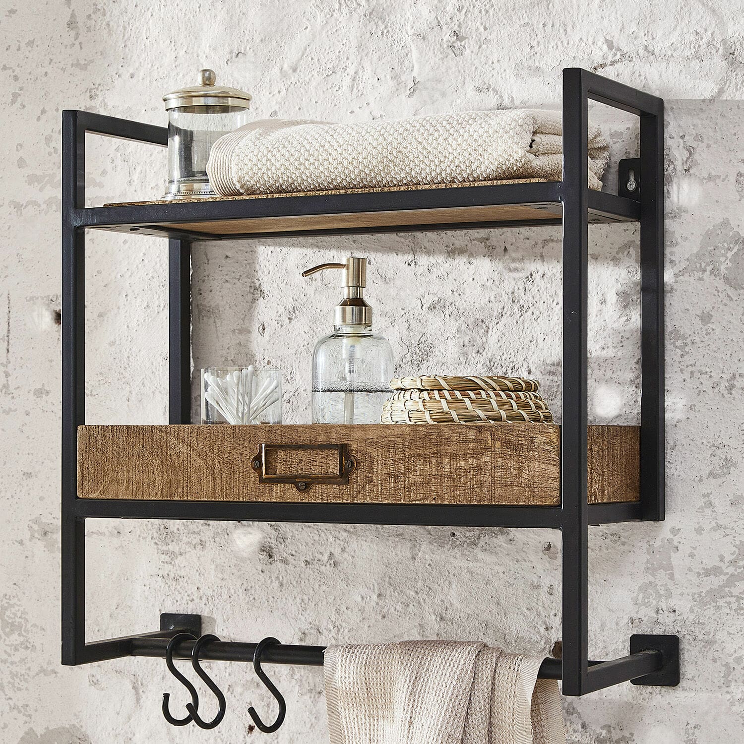 Étagère murale Taylors Island Étagère murale noire en métal avec tiroir en bois et crochets, rangement pratique pour salle de bain