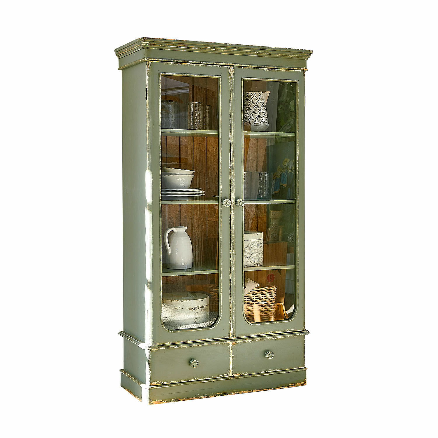Vitrine Cassanet Vitrine en bois vert avec portes vitrées et tiroirs pour rangement dans le salon