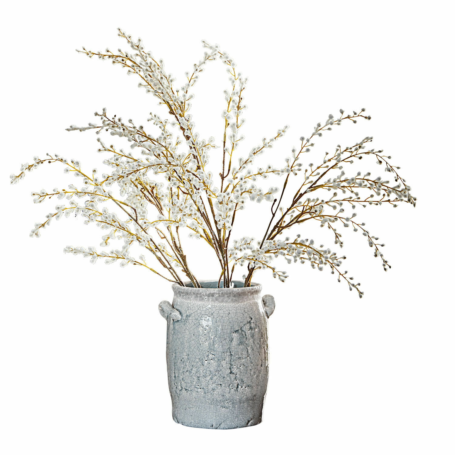 Lot de 3 branches décoratives Palmyra Vase en céramique grise avec branches de chatons blancs pour décoration intérieure