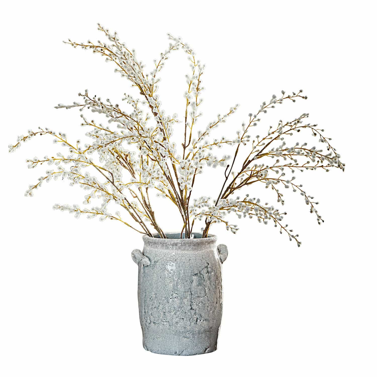 Lot de 3 branches décoratives Palmyra Vase en céramique grise avec branches de chatons blancs pour décoration intérieure