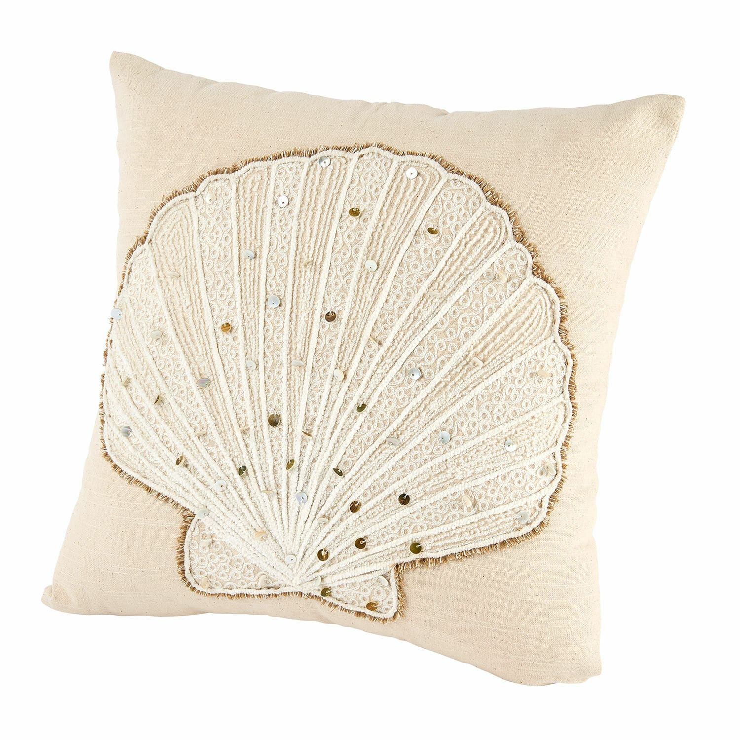 Housse de coussin Luiv Coussin beige en coton avec broderie coquillage et sequins, décoration intérieure élégante